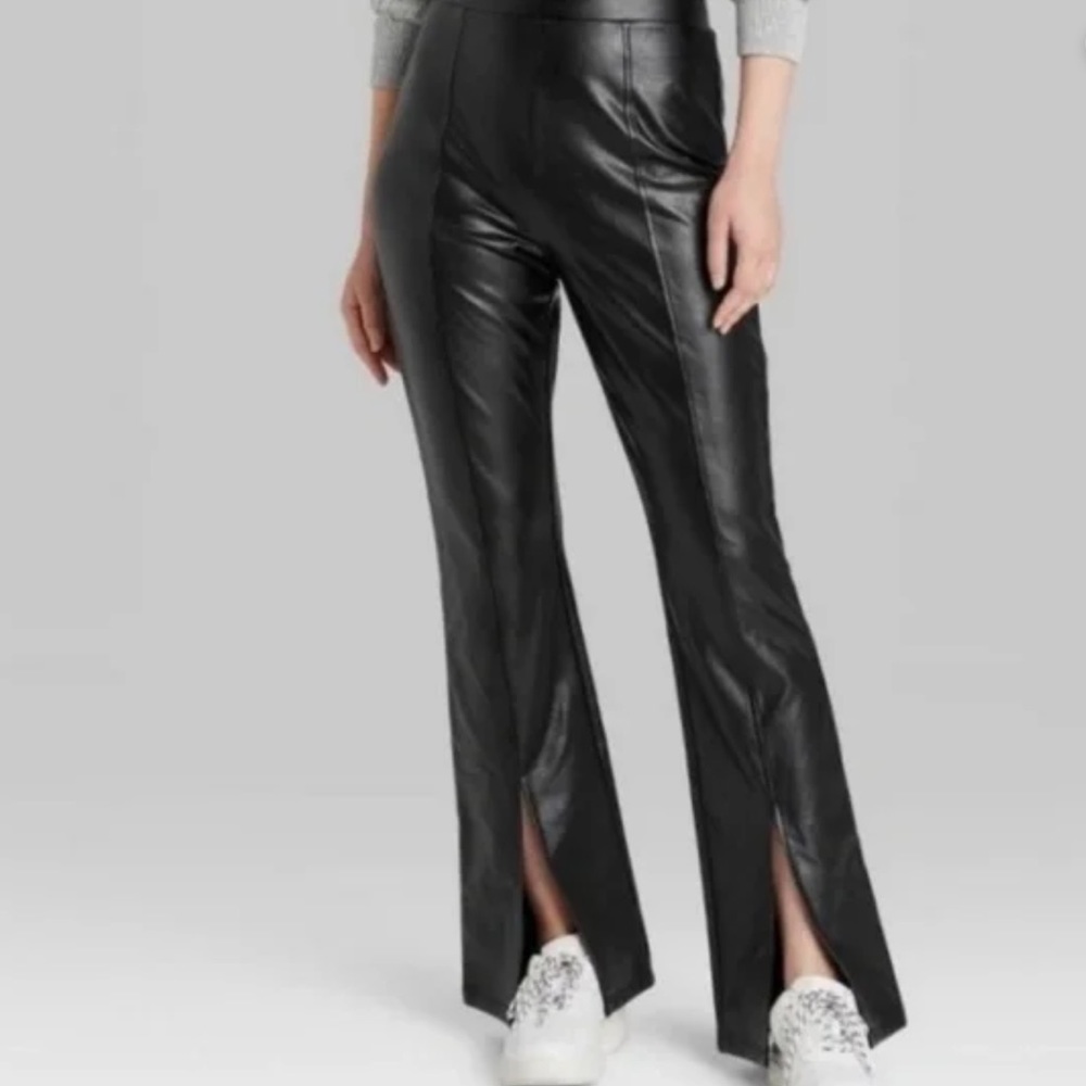 Faux Leather Flare Pants Black Pleather Stretch Elastic Waist NWOT XS Slit Front